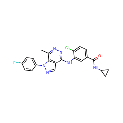 Cc1nnc(Nc2cc(C(=O)NC3CC3)ccc2Cl)c2cnn(-c3ccc(F)cc3)c12 ZINC000049421824