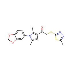 Cc1nnc(SCC(=O)c2cc(C)n(-c3ccc4c(c3)OCO4)c2C)s1 ZINC000003389245