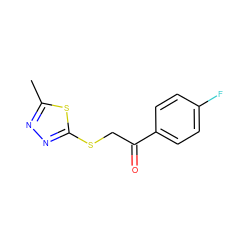 Cc1nnc(SCC(=O)c2ccc(F)cc2)s1 ZINC000000129092