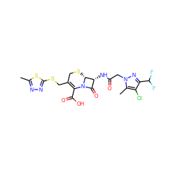 Cc1nnc(SCC2=C(C(=O)O)N3C(=O)[C@@H](NC(=O)Cn4nc(C(F)F)c(Cl)c4C)[C@H]3SC2)s1 ZINC000002732812