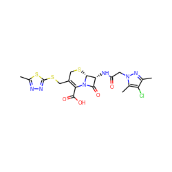 Cc1nnc(SCC2=C(C(=O)O)N3C(=O)[C@@H](NC(=O)Cn4nc(C)c(Cl)c4C)[C@H]3SC2)s1 ZINC000002730769