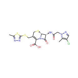 Cc1nnc(SCC2=C(C(=O)O)N3C(=O)[C@@H](NC(=O)Cn4ncc(Cl)c4C)[C@H]3SC2)s1 ZINC000002732737