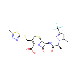 Cc1nnc(SCC2=C(C(=O)O)N3C(=O)[C@H](NC(=O)[C@H](C)n4nc(C(F)(F)F)cc4C)[C@H]3SC2)s1 ZINC000002809381