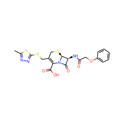 Cc1nnc(SCC2=C(C(=O)O)N3C(=O)[C@H](NC(=O)COc4ccccc4)[C@@H]3SC2)s1 ZINC000002808185