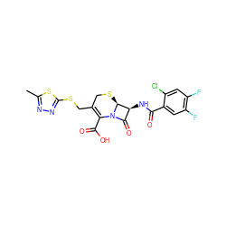 Cc1nnc(SCC2=C(C(=O)O)N3C(=O)[C@H](NC(=O)c4cc(F)c(F)cc4Cl)[C@@H]3SC2)s1 ZINC000017356883