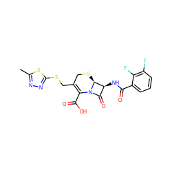 Cc1nnc(SCC2=C(C(=O)O)N3C(=O)[C@H](NC(=O)c4cccc(F)c4F)[C@@H]3SC2)s1 ZINC000002805606