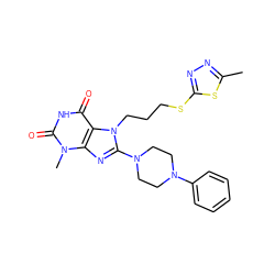 Cc1nnc(SCCCn2c(N3CCN(c4ccccc4)CC3)nc3c2c(=O)[nH]c(=O)n3C)s1 ZINC000001842605