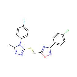 Cc1nnc(SCc2nc(-c3ccc(Cl)cc3)no2)n1-c1ccc(F)cc1 ZINC000006804372