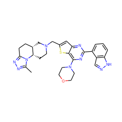 Cc1nnc2n1[C@H]1CCN(Cc3cc4nc(-c5cccc6[nH]ncc56)nc(N5CCOCC5)c4s3)C[C@H]1CC2 ZINC001772583510