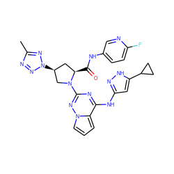 Cc1nnn([C@H]2C[C@@H](C(=O)Nc3ccc(F)nc3)N(c3nc(Nc4cc(C5CC5)[nH]n4)c4cccn4n3)C2)n1 ZINC000143208972