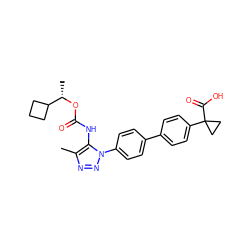 Cc1nnn(-c2ccc(-c3ccc(C4(C(=O)O)CC4)cc3)cc2)c1NC(=O)O[C@@H](C)C1CCC1 ZINC000095579897