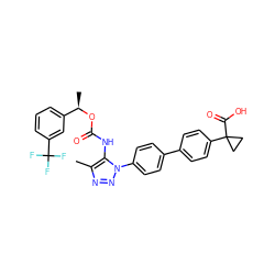 Cc1nnn(-c2ccc(-c3ccc(C4(C(=O)O)CC4)cc3)cc2)c1NC(=O)O[C@H](C)c1cccc(C(F)(F)F)c1 ZINC000095573297