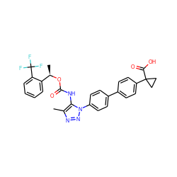 Cc1nnn(-c2ccc(-c3ccc(C4(C(=O)O)CC4)cc3)cc2)c1NC(=O)O[C@H](C)c1ccccc1C(F)(F)F ZINC000095571670