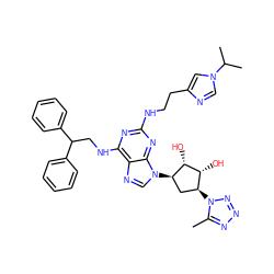 Cc1nnnn1[C@H]1C[C@@H](n2cnc3c(NCC(c4ccccc4)c4ccccc4)nc(NCCc4cn(C(C)C)cn4)nc32)[C@H](O)[C@@H]1O ZINC000049762830