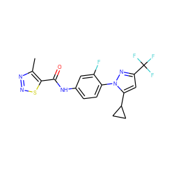 Cc1nnsc1C(=O)Nc1ccc(-n2nc(C(F)(F)F)cc2C2CC2)c(F)c1 ZINC000116816260