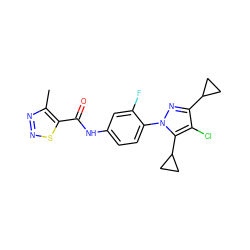 Cc1nnsc1C(=O)Nc1ccc(-n2nc(C3CC3)c(Cl)c2C2CC2)c(F)c1 ZINC000117425358