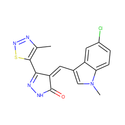 Cc1nnsc1C1=NNC(=O)/C1=C\c1cn(C)c2ccc(Cl)cc12 ZINC000028954948