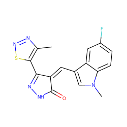 Cc1nnsc1C1=NNC(=O)/C1=C\c1cn(C)c2ccc(F)cc12 ZINC000028954946