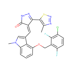 Cc1nnsc1C1=NNC(=O)/C1=C\c1cn(C)c2cccc(OCc3c(F)ccc(Cl)c3F)c12 ZINC000073162348