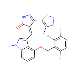 Cc1nnsc1C1=NNC(=O)/C1=C\c1cn(C)c2cccc(OCc3c(F)ccc(F)c3Cl)c12 ZINC000073388711