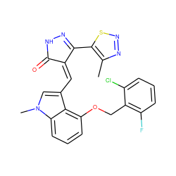 Cc1nnsc1C1=NNC(=O)/C1=C\c1cn(C)c2cccc(OCc3c(F)cccc3Cl)c12 ZINC000073162346