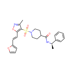 Cc1noc(/C=C/c2ccco2)c1S(=O)(=O)N1CCC(C(=O)N[C@H](C)c2ccccc2)CC1 ZINC000008671654