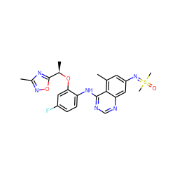 Cc1noc([C@@H](C)Oc2cc(F)ccc2Nc2ncnc3cc(N=S(C)(C)=O)cc(C)c23)n1 ZINC001772645547