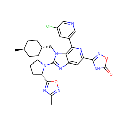 Cc1noc([C@@H]2CCCN2c2nc3cc(-c4noc(=O)[nH]4)nc(-c4cncc(Cl)c4)c3n2C[C@H]2CC[C@H](C)CC2)n1 ZINC000261174357