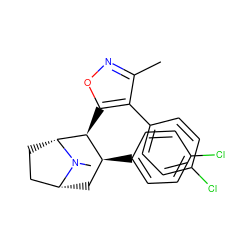 Cc1noc([C@H]2[C@@H](c3ccc(Cl)cc3)C[C@@H]3CC[C@H]2N3C)c1-c1ccc(Cl)cc1 ZINC000040894290