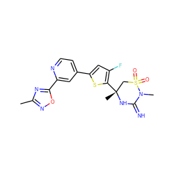 Cc1noc(-c2cc(-c3cc(F)c([C@]4(C)CS(=O)(=O)N(C)C(=N)N4)s3)ccn2)n1 ZINC001772576157