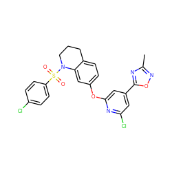 Cc1noc(-c2cc(Cl)nc(Oc3ccc4c(c3)N(S(=O)(=O)c3ccc(Cl)cc3)CCC4)c2)n1 ZINC000103263406