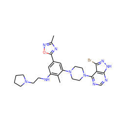 Cc1noc(-c2cc(NCCN3CCCC3)c(C)c(N3CCN(c4ncnc5[nH]nc(Br)c45)CC3)c2)n1 ZINC000084617957