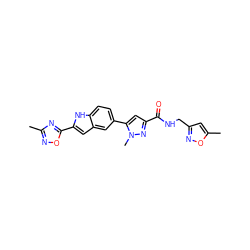 Cc1noc(-c2cc3cc(-c4cc(C(=O)NCc5cc(C)on5)nn4C)ccc3[nH]2)n1 ZINC000115834153