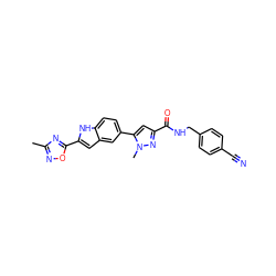 Cc1noc(-c2cc3cc(-c4cc(C(=O)NCc5ccc(C#N)cc5)nn4C)ccc3[nH]2)n1 ZINC000115835918