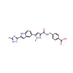 Cc1noc(-c2cc3cc(-c4cc(C(=O)NCc5ccc(C(=O)O)cc5)nn4C)ccc3[nH]2)n1 ZINC000068205667