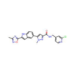 Cc1noc(-c2cc3cc(-c4cc(C(=O)NCc5ccnc(Cl)c5)nn4C)ccc3[nH]2)n1 ZINC000115833539