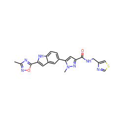 Cc1noc(-c2cc3cc(-c4cc(C(=O)NCc5cscn5)nn4C)ccc3[nH]2)n1 ZINC000115833945