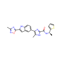 Cc1noc(-c2cc3cc(-c4nc(C(=O)N[C@H](C)c5cccs5)[nH]c4C)ccc3[nH]2)n1 ZINC000115832140