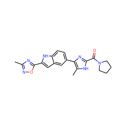 Cc1noc(-c2cc3cc(-c4nc(C(=O)N5CCCC5)[nH]c4C)ccc3[nH]2)n1 ZINC000115831728