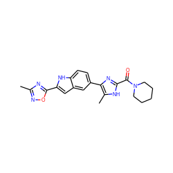 Cc1noc(-c2cc3cc(-c4nc(C(=O)N5CCCCC5)[nH]c4C)ccc3[nH]2)n1 ZINC000115837903