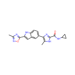 Cc1noc(-c2cc3cc(-c4nc(C(=O)NC5CC5)[nH]c4C)ccc3[nH]2)n1 ZINC000115839398