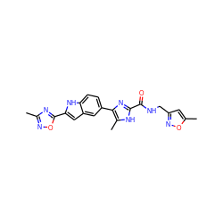 Cc1noc(-c2cc3cc(-c4nc(C(=O)NCc5cc(C)on5)[nH]c4C)ccc3[nH]2)n1 ZINC000115836894