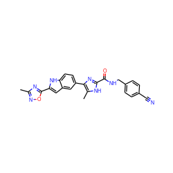 Cc1noc(-c2cc3cc(-c4nc(C(=O)NCc5ccc(C#N)cc5)[nH]c4C)ccc3[nH]2)n1 ZINC000115833700