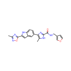 Cc1noc(-c2cc3cc(-c4nc(C(=O)NCc5ccoc5)[nH]c4C)ccc3[nH]2)n1 ZINC000115836036