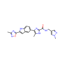 Cc1noc(-c2cc3cc(-c4nc(C(=O)NCc5cnn(C)c5)[nH]c4C)ccc3[nH]2)n1 ZINC000115831590