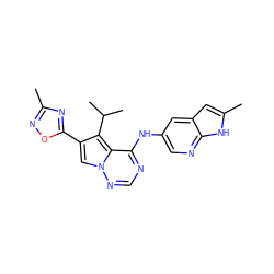 Cc1noc(-c2cn3ncnc(Nc4cnc5[nH]c(C)cc5c4)c3c2C(C)C)n1 ZINC000029047708