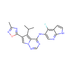 Cc1noc(-c2cn3ncnc(Nc4cnc5[nH]ccc5c4F)c3c2C(C)C)n1 ZINC000029047833