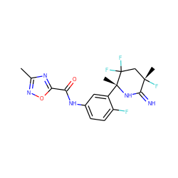 Cc1noc(C(=O)Nc2ccc(F)c([C@@]3(C)NC(=N)[C@@](C)(F)CC3(F)F)c2)n1 ZINC001772610005