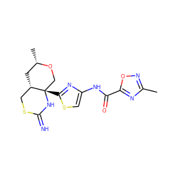 Cc1noc(C(=O)Nc2csc([C@]34CO[C@@H](C)C[C@H]3CSC(=N)N4)n2)n1 ZINC001772592320