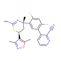 Cc1noc(C)c1[C@@H]1C[C@@](C)(c2cc(-c3cccnc3C#N)c(F)cc2F)N=C(N)S1 ZINC000221391834